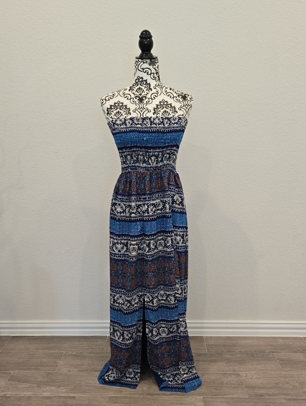 NWT RAGA Blue and Brown Strapless Printed Maxi Dress